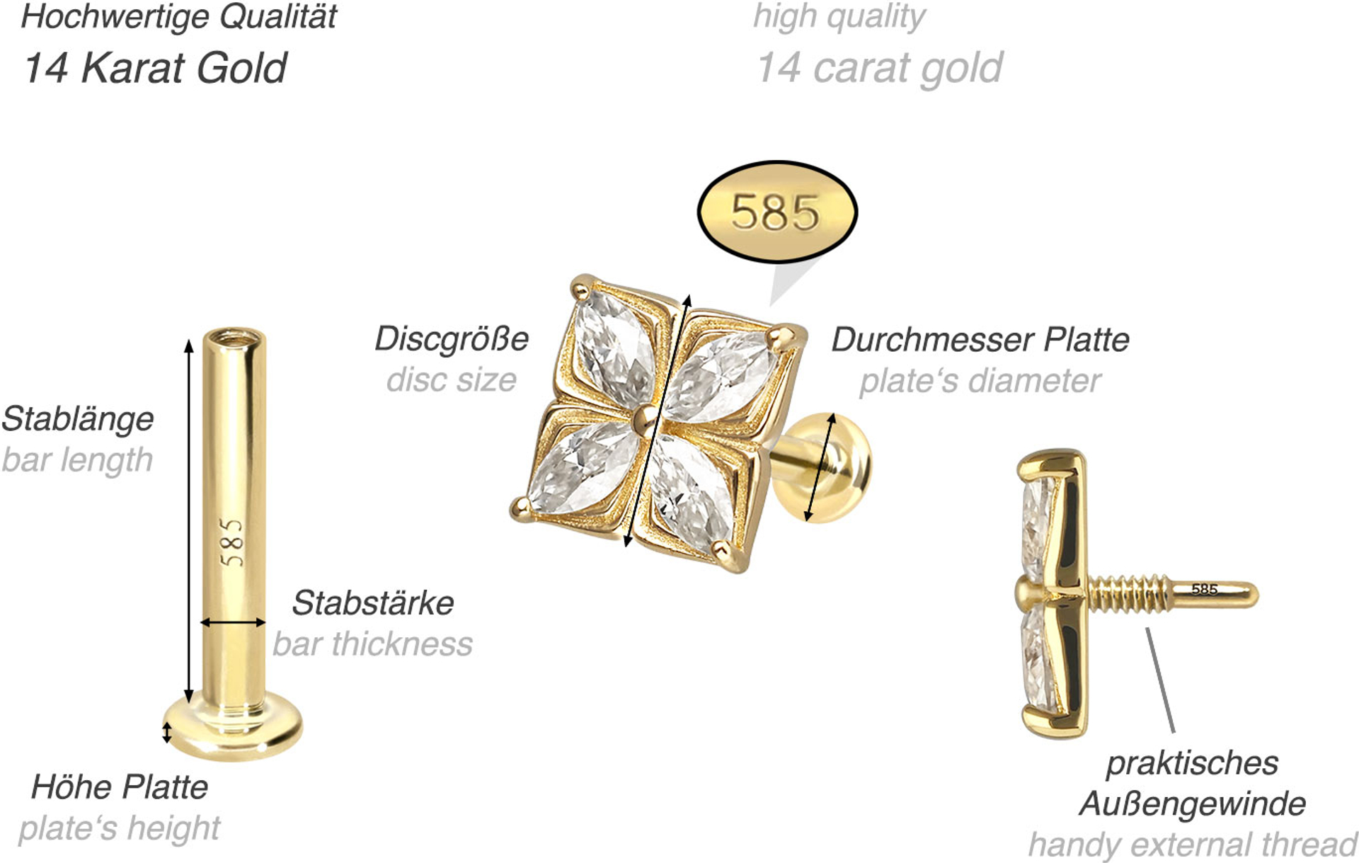 14 Karat Gold Labret Mit Moissanit Blume – Innengewinde Piercing Helix Tragus